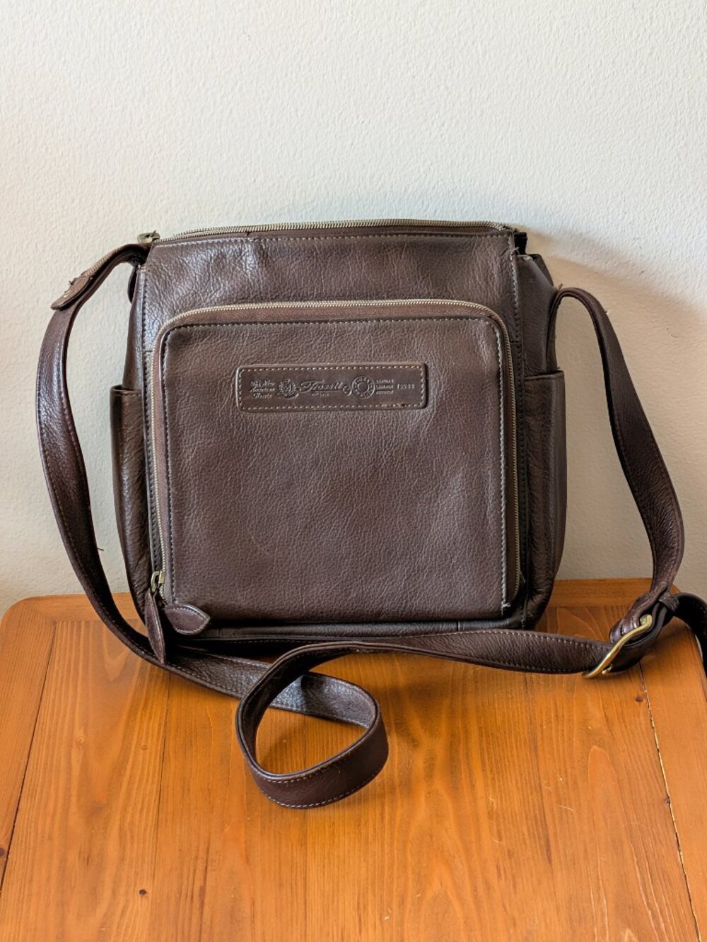 Fossil Brown Leather Organizer Crossbody Bag, Brass Key Fob, Adjustable Strap